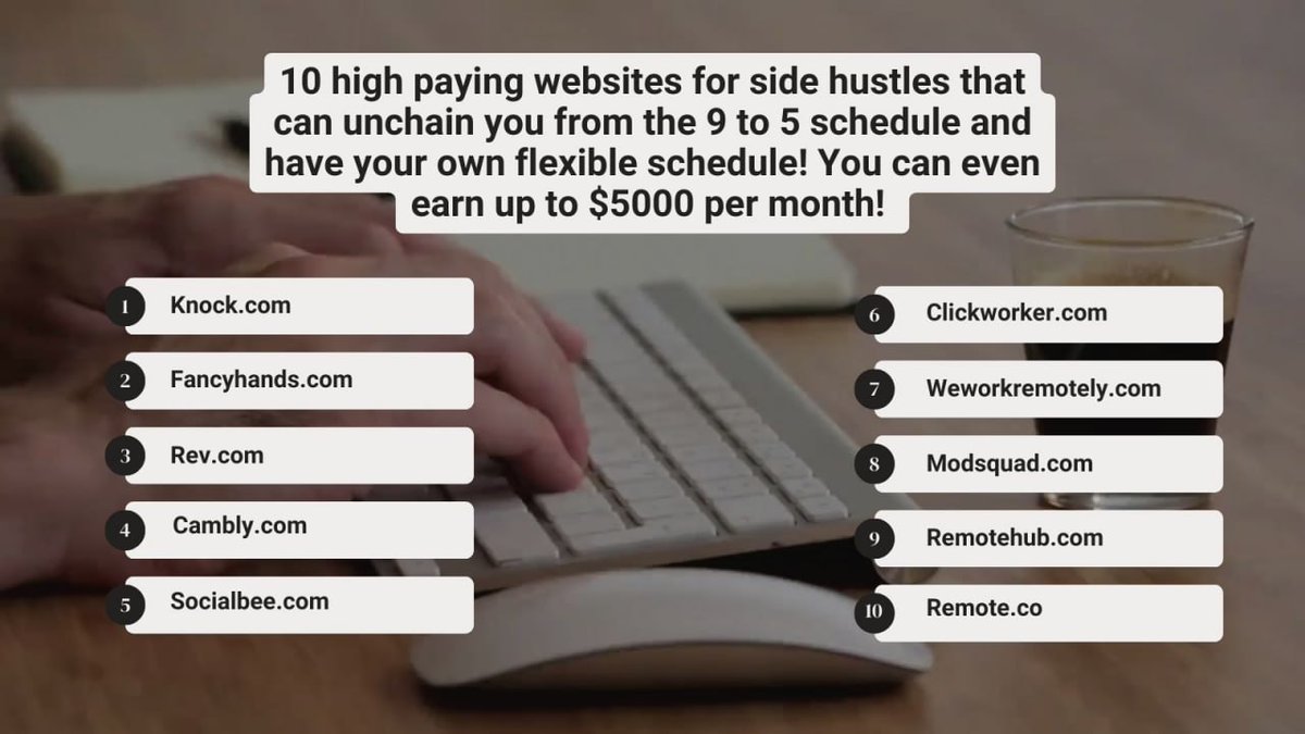 All it takes is to take the first step. Leta today be the day when you break free from the 9 to 5 grind withthese 10 high-paying side hustle websites! 💼💰 Create your own schedule and earn up to $5000/month! 💸

 #SideHustle #FlexibleSchedule #WorkFromHome #OnlineJobs #EarnMoney