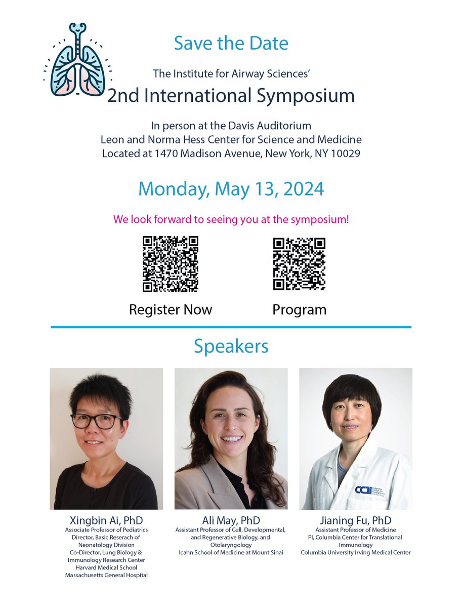 Ya-Wen Chen (@yawenchenmssm) on Twitter photo The second session of our symposium will focus on respiratory defense mechanisms and will feature Xingbin Ai from <a href="/MGH_Mucosalists/">Mucosal Immunology and Biology Research Center</a>, @MayLabNYC from <a href="/IcahnMountSinai/">Icahn School of Medicine at Mount Sinai</a>, and Jianing Fu from <a href="/CCTI_NYC/">Columbia Center for Translational Immunology</a>. Their talks will discuss various tissue's responses to disease. Register today! The second session of our symposium will focus on respiratory defense mechanisms and will feature Xingbin Ai from <a href="/MGH_Mucosalists/">Mucosal Immunology and Biology Research Center</a>, @MayLabNYC from <a href="/IcahnMountSinai/">Icahn School of Medicine at Mount Sinai</a>, and Jianing Fu from <a href="/CCTI_NYC/">Columbia Center for Translational Immunology</a>. Their talks will discuss various tissue's responses to disease. Register today!