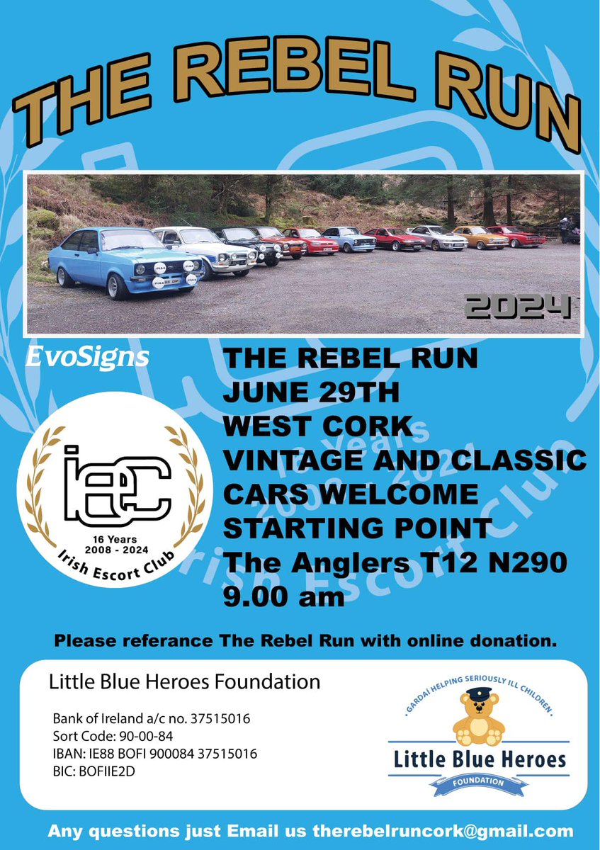 Many thanks to the Irish Escort Club who are hosting The Rebel Run open to all vintage and classic cars taking place on the 29 June 2024 at 9am starting off at the large car park at the Anglers Bar & Restaurant - Carrigrohane Cork (T12 N290).