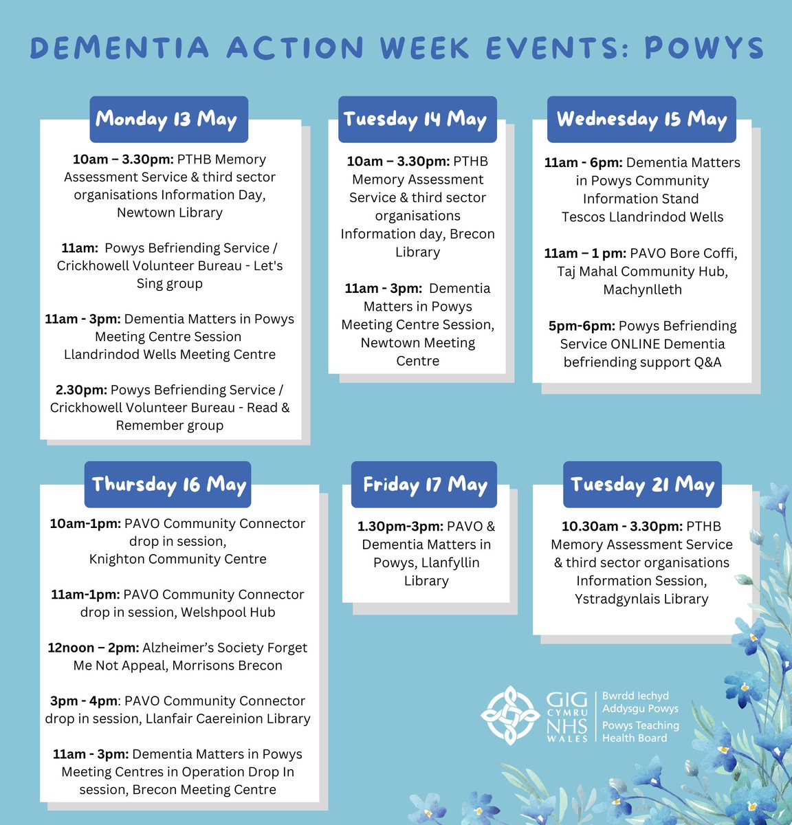Powys Teaching Health Board (@pthbhealth) on Twitter photo Dementia Action Week is a national event that sees people taking action to improve the lives of people affected by dementia. Events will be taking place across Powys. If you would like further information or advice about dementia please contact heather.wenban@wales.nhs.uk Dementia Action Week is a national event that sees people taking action to improve the lives of people affected by dementia. Events will be taking place across Powys. If you would like further information or advice about dementia please contact heather.wenban@wales.nhs.uk