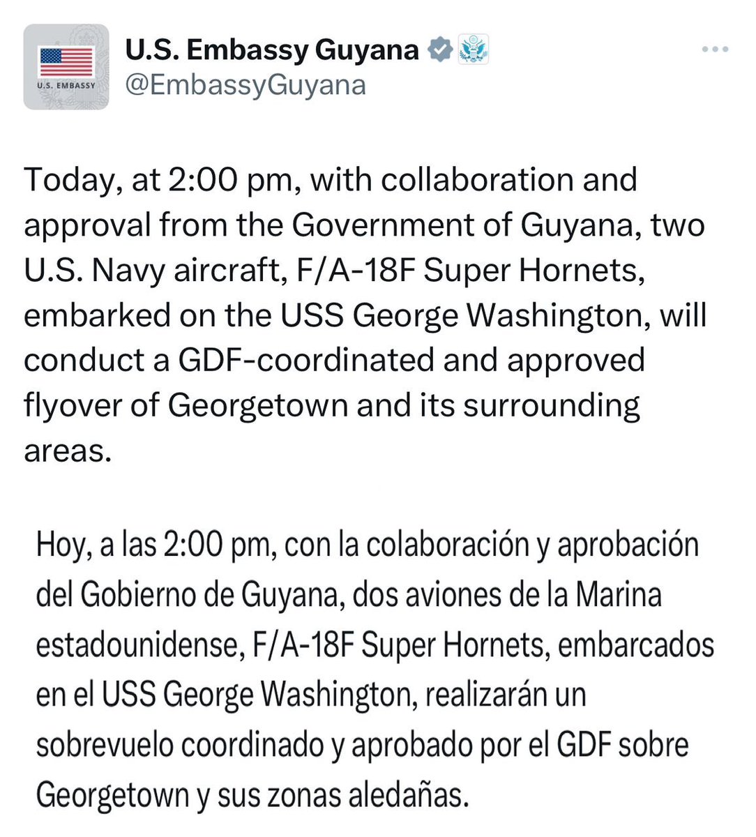 Ya advertíamos sobre la amenaza a la paz regional que representa la presencia del portaaviones USS George Washington en el Caribe. Ahora anuncian el despliegue de aviones F-18 para sobrevolar “Georgetown y sus alrededores”. La Fuerza Armada Nacional Bolivariana rechaza…
