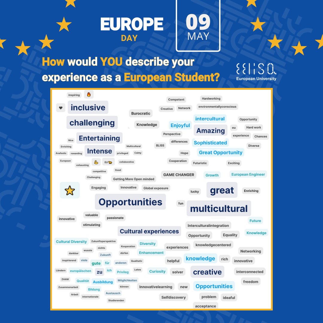 In celebration of #EuropeDay we asked students in all our 10 #EELISA member universities how they would describe their European experience 🎉. We received over 200 answers and these are the best results 🤩💬! We thank all participants for their input in this joint campaign.