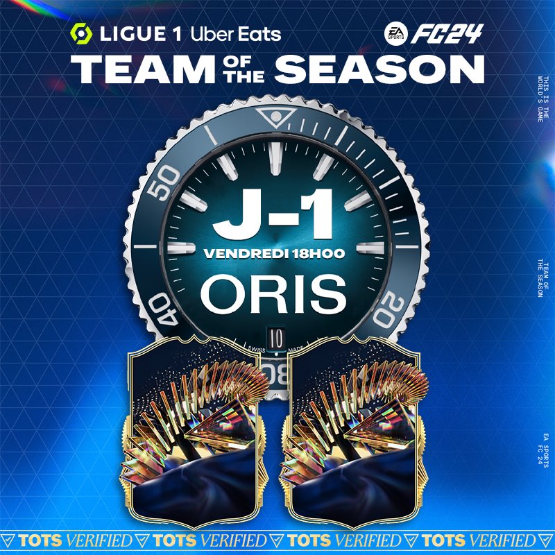 ⏳J-1 avant la Team Of The Season Ligue 1 Uber Eats 🤩 !   Rdv ce vendredi dès 18h00 sur le compte @Ligue1UberEats 🔥! @oriswatches #FC24