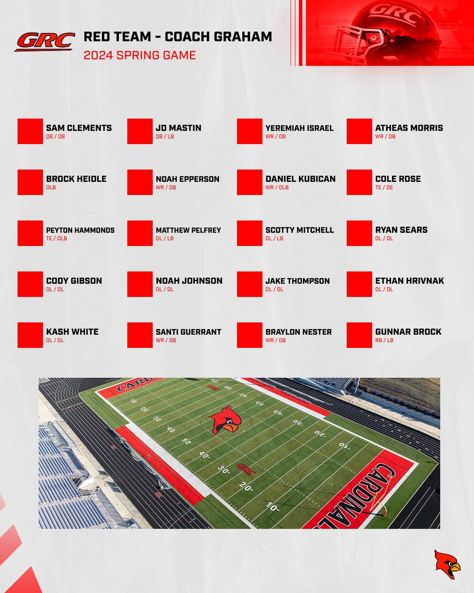 Team <a href="/CoachRDG/">Robbie Graham</a> (Red) v. Team <a href="/coachjoshcook/">Josh Cook</a> (White)

May 10, 2024

Kickoff @ 6:30PM

Go Cards!

#WeNotMe