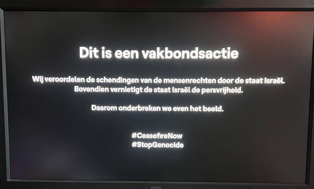 A transmissão do festival da música Eurovision na TV belga começa com essa msg: 'Esta é uma ação do sindicato dos trabalhadores. Denunciamos as violações dos direitos humanos pelo estado de Israel. Além disso, o estado de Israel destrói a liberdade de imprensa. É por isso que…