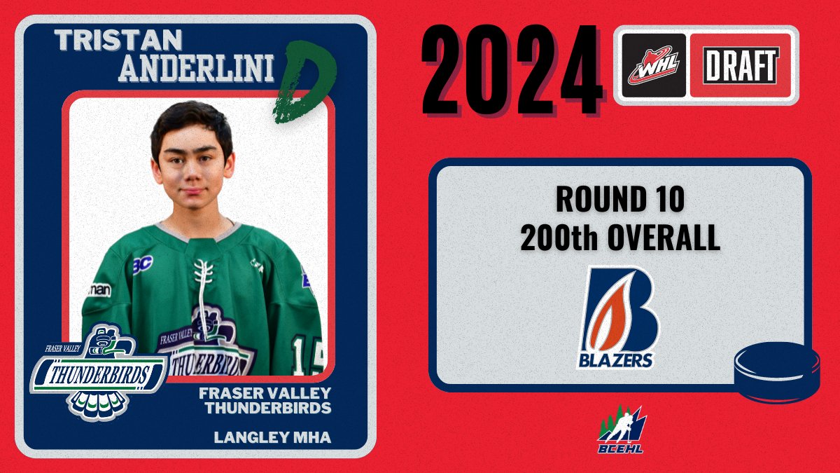 Congratulations to Tristan Anderlini of the <a href="/FVTBirds_AAA/">Fraser Valley Thunderbirds AAA</a> on being selected 200th overall in the 2024 #WHLDraft by the <a href="/BlazersWHL/">Kamloops Blazers</a>!

#bcehl #bcehlaaahockey #aaahockey