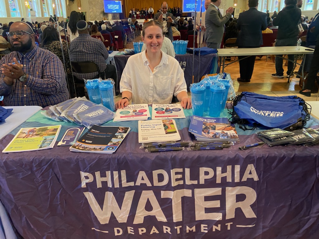Now! We are at @PhillyMayor Parker's Budget Town Hall at Pinn Memorial Baptist Church in West Philly. Stop by our table and talk to Amy about water assistance and service programs.