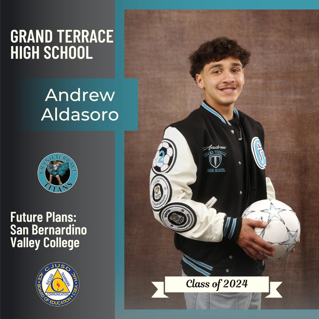 Congrats to Grand Terrace HS🎓senior Andrew Aldasoro, who plans to attend @sbvalleycollege, play soccer and pursue a career in healthcare! #CJUSDCares #GTHS #GrandTerraceHighSchool ⚡️⚡️🎉 Seniors, to be featured in our #CJUSD Class of 2024 Spotlight, visit bit.ly/CJUSDsenior2024