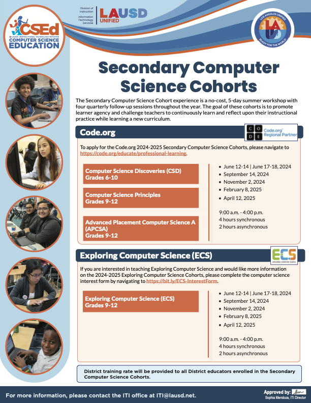 ATTN <a href="/LASchools/">Los Angeles Unified</a> Middle &amp; High Schools planning for the 24-25 school year: Teach Computer Science (CS) Discoveries, Exploring CS or Advanced Placement CS at your school!

To get started, join our Secondary CS Cohorts beginning June 12! #CS4LAUSD

Learn more lausd.org/Page/16711