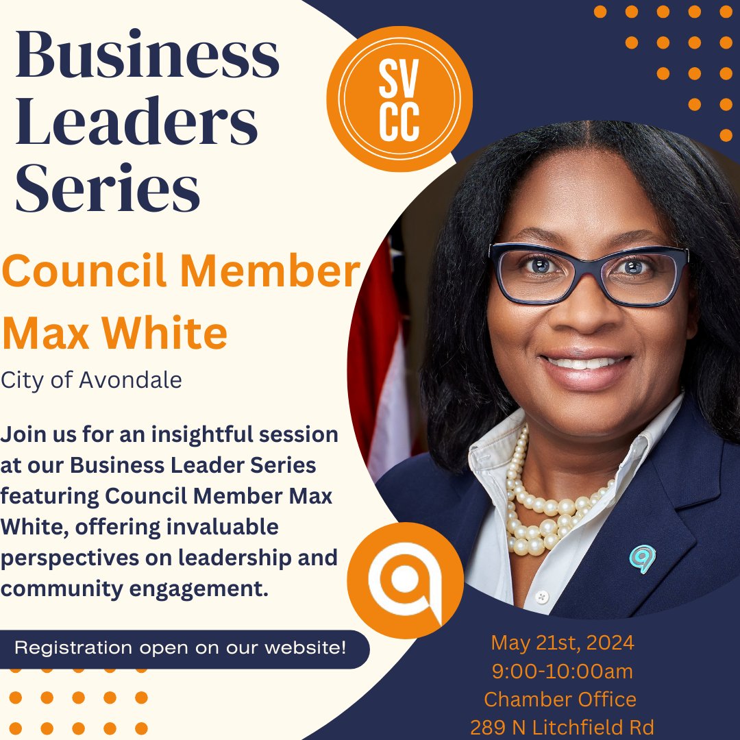 May's Business Leader Series is not one to miss! Join us to hear more about Council Member Max White's journey in city council and her wealth of experience in business with specialities in Banking and Human resources! Registration is now open on our website. 

#SVCC