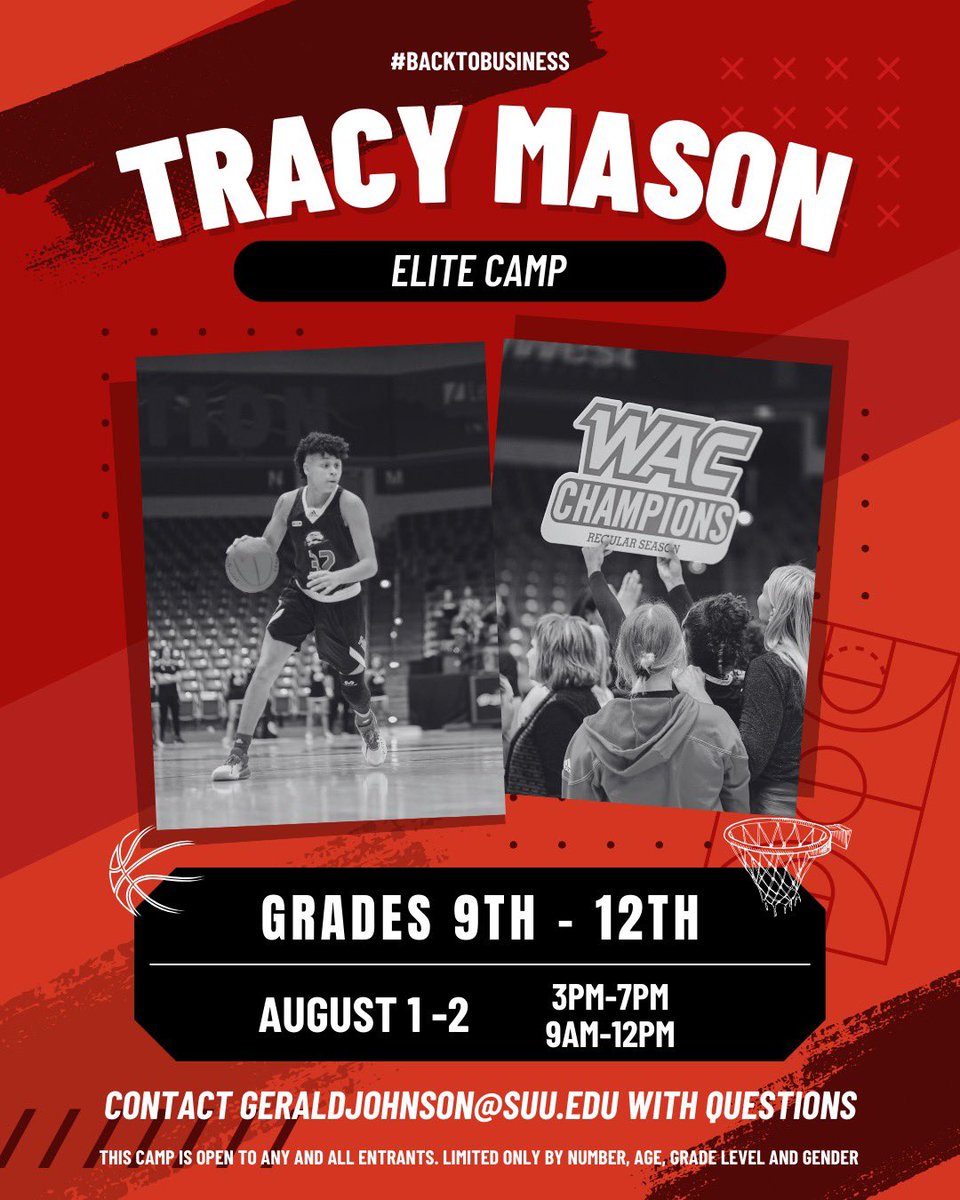Mark your calendars for the Tracy Mason Elite Camp! A great opportunity to showcase your skills, compete, and learn from the @SUUWBasketball coaching staff! 🏀⚡️ LINK IN BIO - Register Today! #BackToBusiness ⚡️ #TBirdNation ⚡️ #RaiseTheHammer
