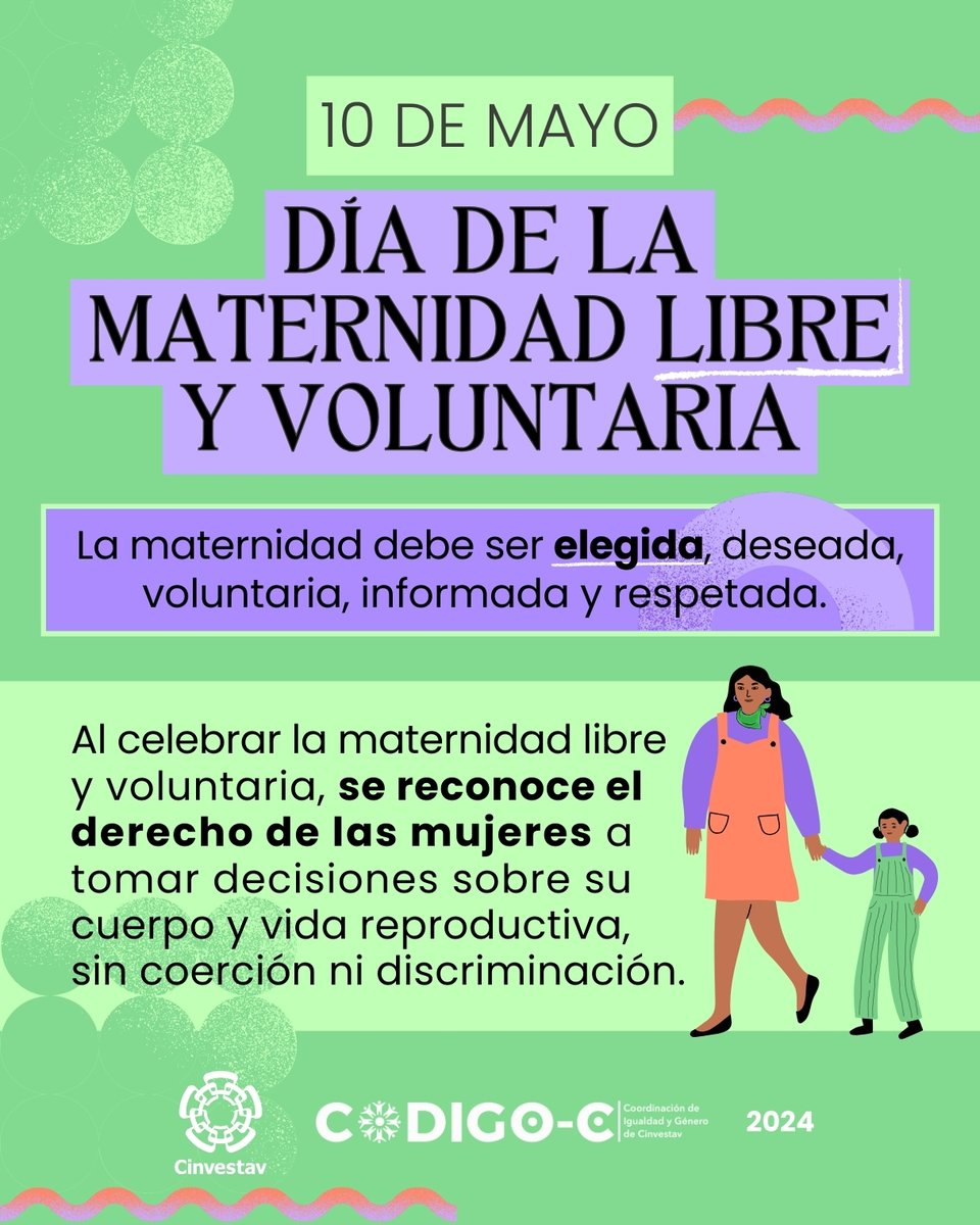 Hoy en el Día de la Maternidad Libre y Voluntaria, recordemos que todas las mujeres tienen derecho a decidir sobre su maternidad
Es fundamental dar acceso a información y servicios de salud reproductiva
¡Por una sociedad justa e inclusiva!
#MaternidadLibre #DerechosReproductivos