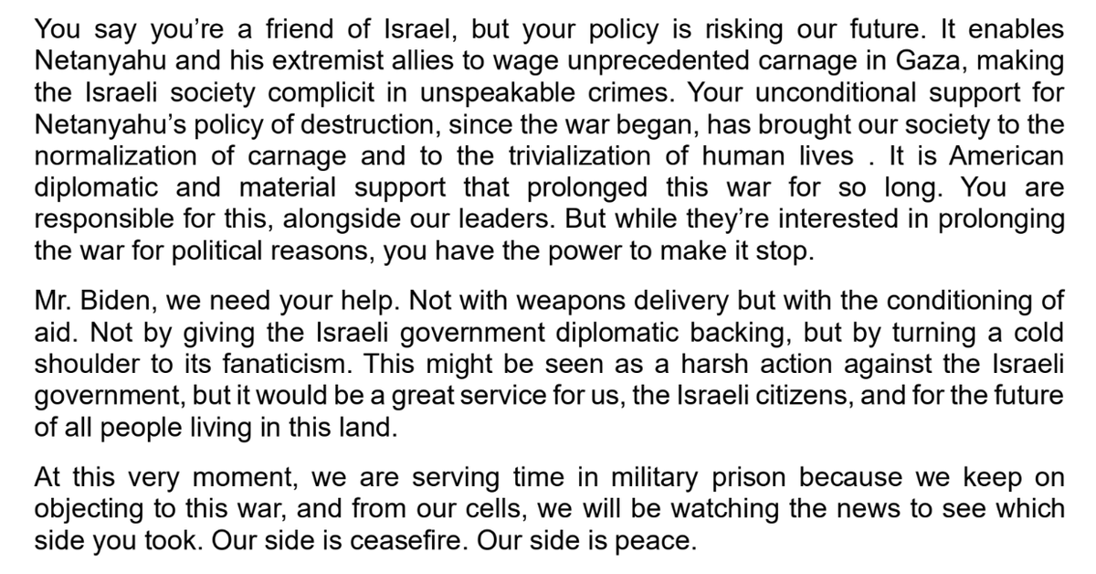 Israeli teens jailed for not enlisting wrote to Biden: 'You say you’re a friend of Israel, but your policy is risking our future…Your unconditional support for Netanyahu’s policy…has brought our society to the normalization of carnage & to the trivialization of human lives.'