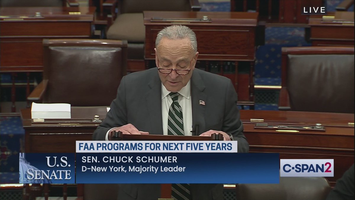 Schumer announces from the Senate floor: 'After months of painstaking work, the FAA reauthorization is passing the Senate today.'