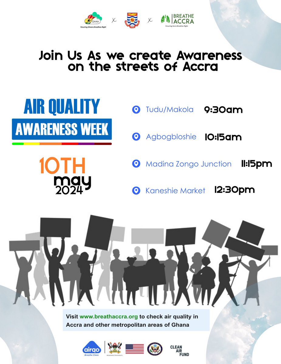 Hi there, We're hitting some major streets of Accra tomorrow to sensitize our vulnerable population on the dangers of air pollution and how they can help themselves live healthier. Engage with us on the streets to learn more about #AirQuality and the need for #cleanair for all.