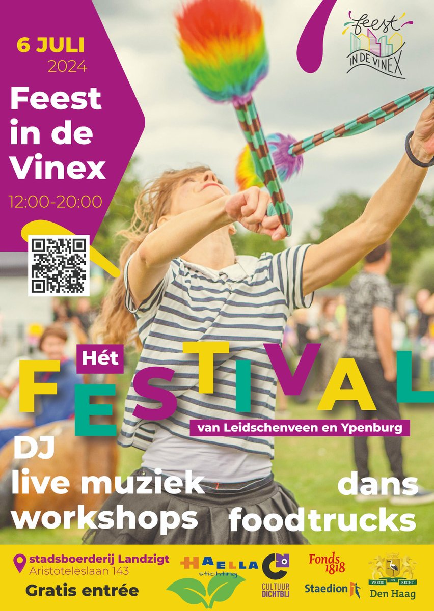 Save the date - Feest in de Vinex🎉
Op zaterdag 6 juli is er weer Feest in Vinex. Hét Festival van Stadsdeel Leidschenveen-Ypenburg. Binnenkort wordt het programma bekend gemaakt.