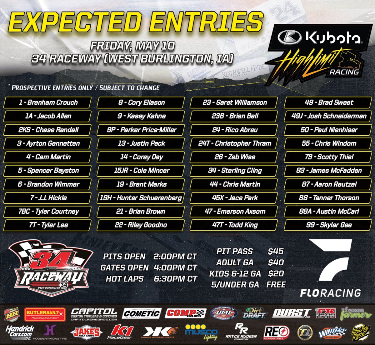 4️⃣0️⃣ Sprint Cars on Friday night >>> A stellar field is taking shape for tomorrow’s return of @Kubota_USA High Limit Racing to @34Raceway in West Burlington, Iowa. 𝗧𝗜𝗖𝗞𝗘𝗧𝗦 🎟️ bit.ly/3IONDTh 𝗪𝗔𝗧𝗖𝗛 📺 FloRacing.com/HighLimit 𝗛𝗢𝗧 𝗟𝗔𝗣𝗦 ⏰ 6:30pm CT