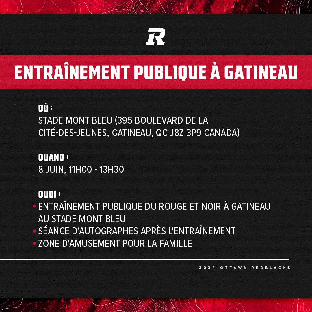 Joignez-vous à nous à Gatineau ! 👋 Nous sommes heureux d'annoncer que nous aurons un entraînement publique le 8 juin au stade Mont Bleu à partir de 11h30 avec une séance d'autographes pour terminer la journée avec toute l'équipe ! Plus d'info: bit.ly/3WDr7ov