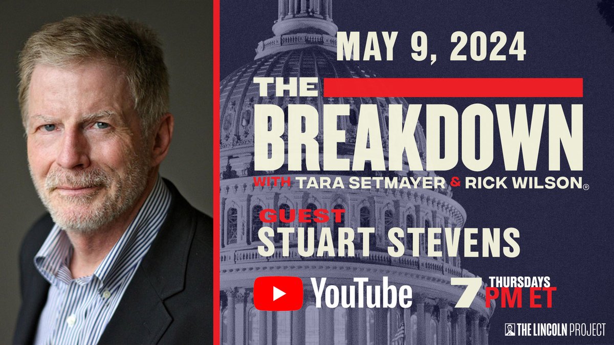 IN ONE HOUR: Lincoln Project Senior Advisor @stuartpstevens joins @TheRickWilson and @TaraSetmayer on #TheBreakdown as they cover the Trump trial, DC chaos, the state of the 2024 race, and more this Thursday at 7 PM ET only on Youtube. 💻: youtube.com/watch?v=_qmhlV…