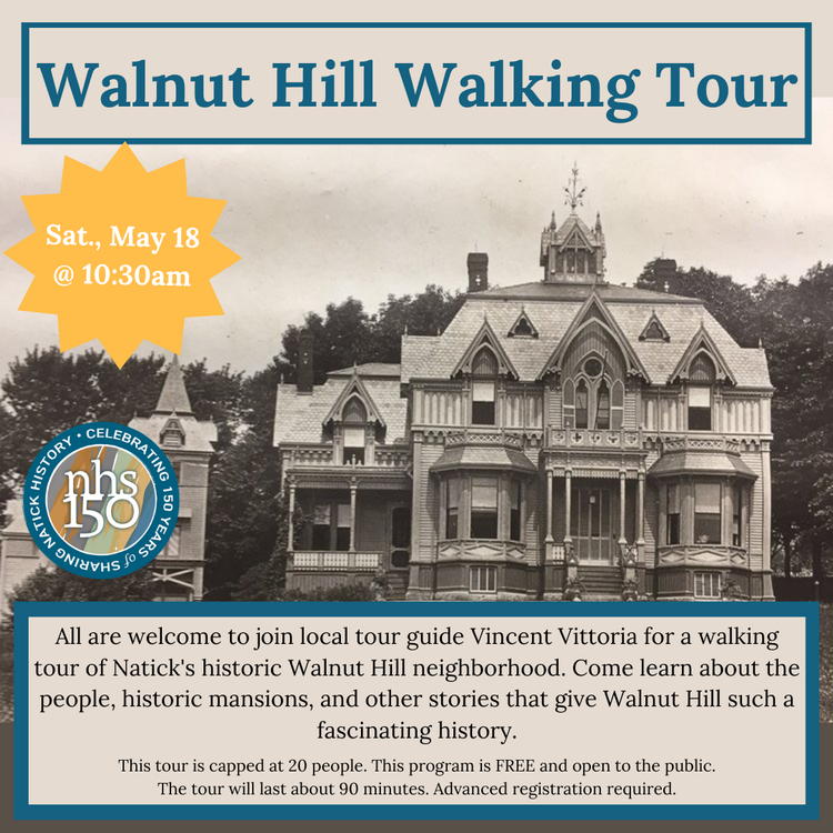 Join the Natick Historical Society on Saturday, May 18, from 10:30 am - 12:00 pm for a walking tour of Natick’s historic Walnut Hill neighborhood. The tour is free & open to the public, & advanced registration is required.

ow.ly/N29C50Rpwy6
#NatickCenter #VisitMetrowest