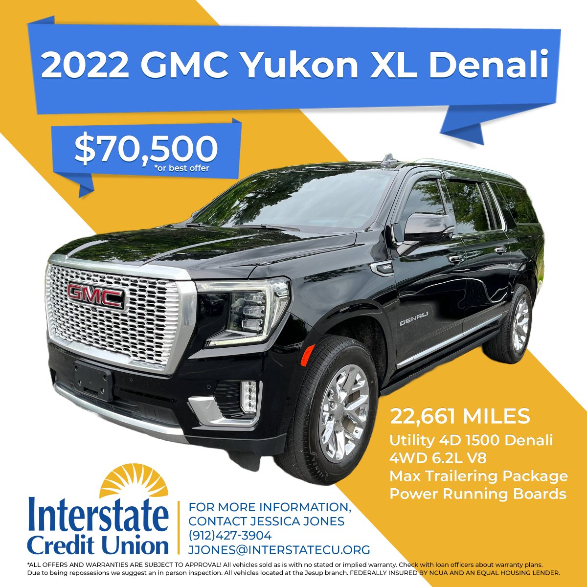 If only there was a whistle effect for this beautiful 2022 GMC Yukon XL Denali we have for sale! For more info, contact Jessica Jones (912)427-3904.

To view more repos for sale, visit our website: bit.ly/43scMLN 

#InterstateCreditUnion #InterstateCU #BetterBanking