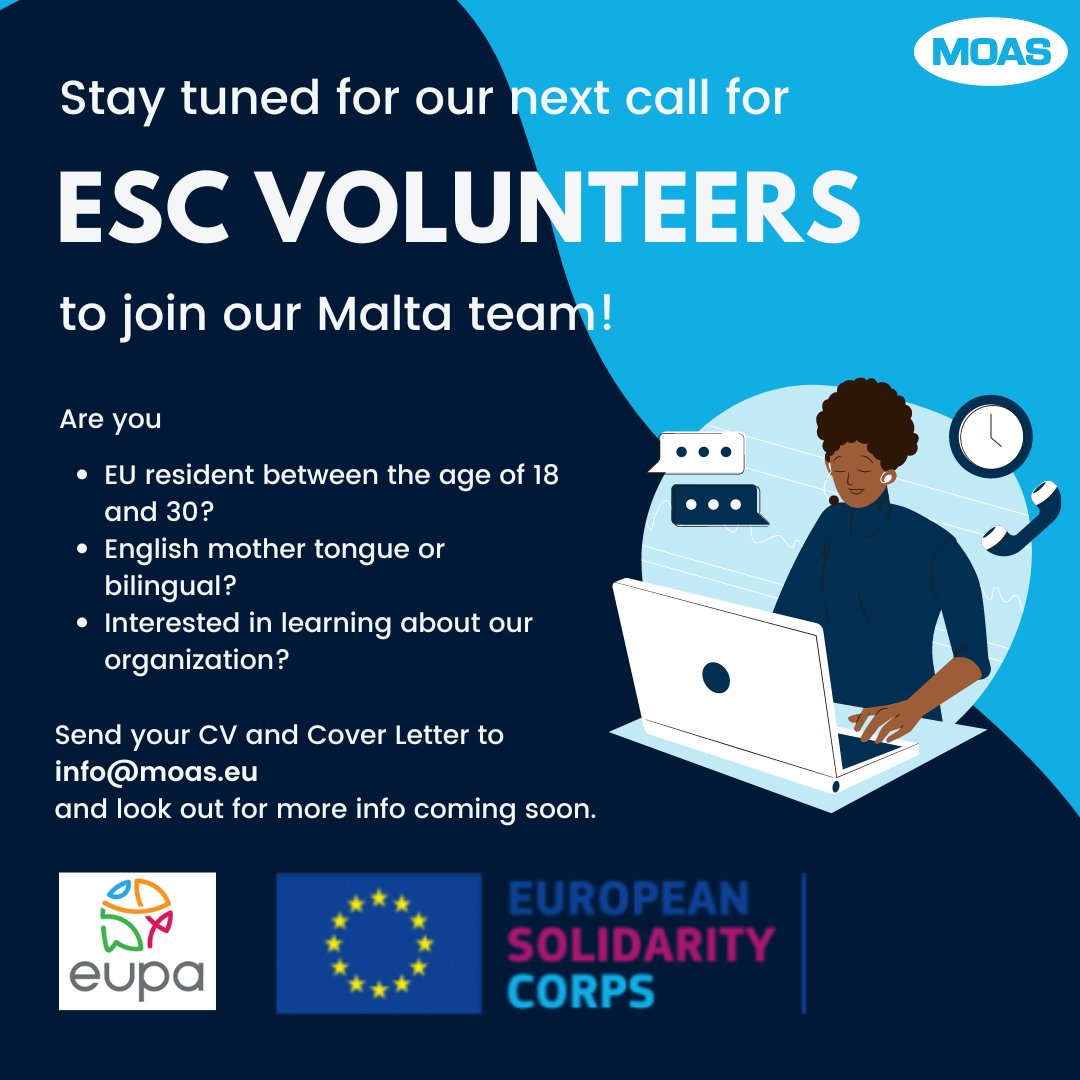 Do you want to join our team as ESC volunteer? Are you looking for a funded #volunteer placement in the #humanitarian and #emergencyresponse field? Very soon the new call will be open! If you are interested, start sending your CV and motivational letter to: info@moas.eu
