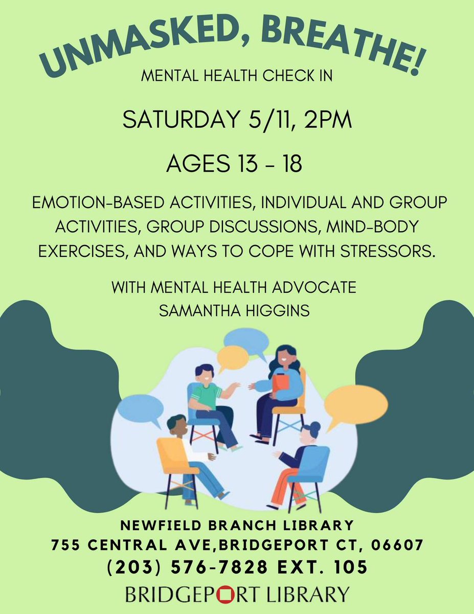 Join us this Saturday, May 11th at 2pm with @BportLibrary for our Youth Mental Health Check-in with advocate Samantha Higgins. Gain valuable insights and learn stress coping strategies.🧠✅ No registration is required.