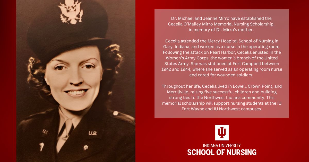 This #NationalNursesWeek, we’re honored to announce the creation of a scholarship that will benefit nursing students attending @IUFortWayne and @iunorthwest! Dr. Michael and Jeanne Mirro have established the Cecelia O’Malley Mirro Memorial Nursing Scholarship. #IUSON