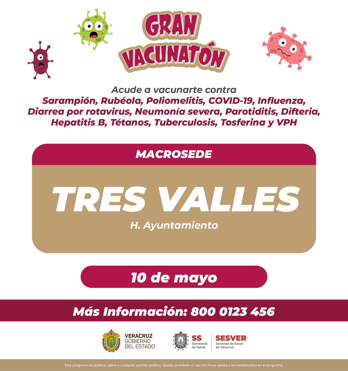 🔴¡Atención población de Tres Valles!🔴 📆 Asiste mañana, viernes 10 de mayo en las instalaciones del H. Ayuntamiento, para recibir la aplicación de vacunas que previenen diversas enfermedades como Sarampión, Rubéola y Poliomelitis. 💉