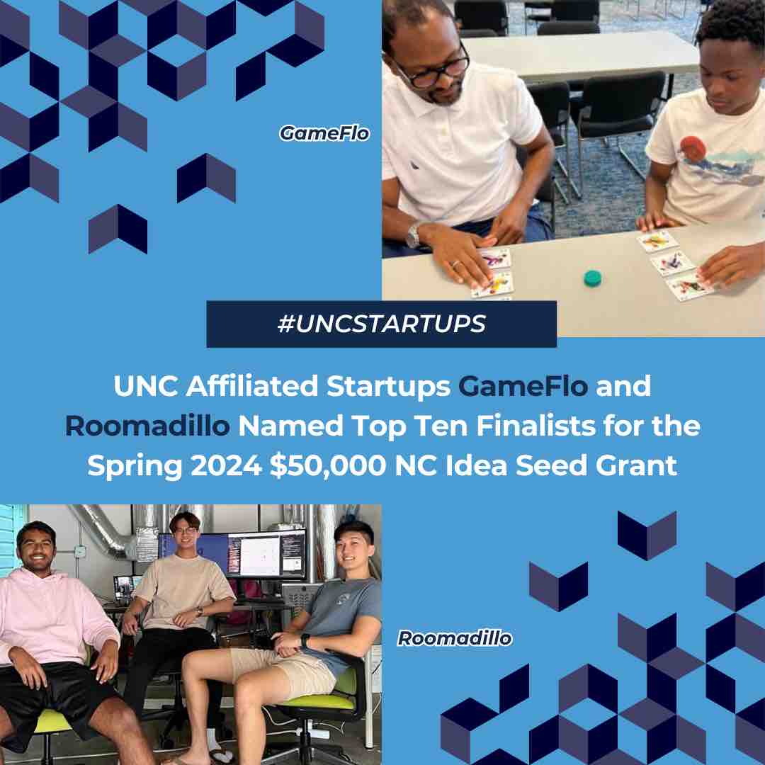 GameFlo and Roomadillo are finalists for the 37th cycle of the $50,000 NC IDEA SEED grant. The startups were chosen from 20 semi-finalists. These finalists will present before a review panel, and winners are announced in mid-May. Learn more at the link in the bio. #uncstartups