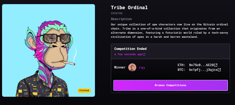 Congrats to @EnergyClay on winning Tribe Ordinals #399708🎟️📷 We'll be adding more raffles so get involved! Check out all on going raffles here: tribeodyssey.com/raffles