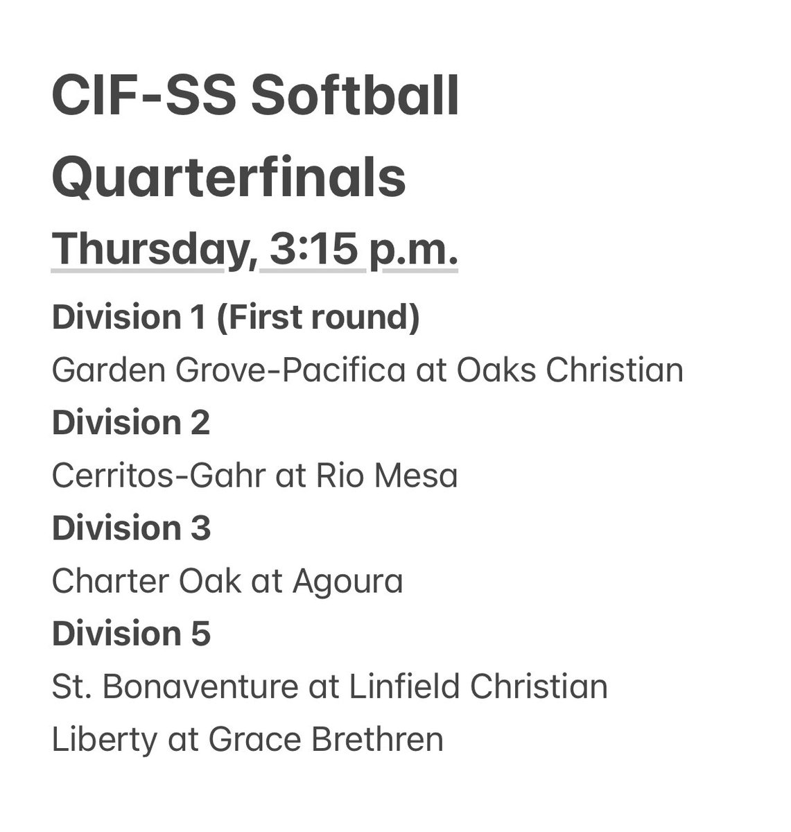 Today’s softball sectional quarterfinal schedule