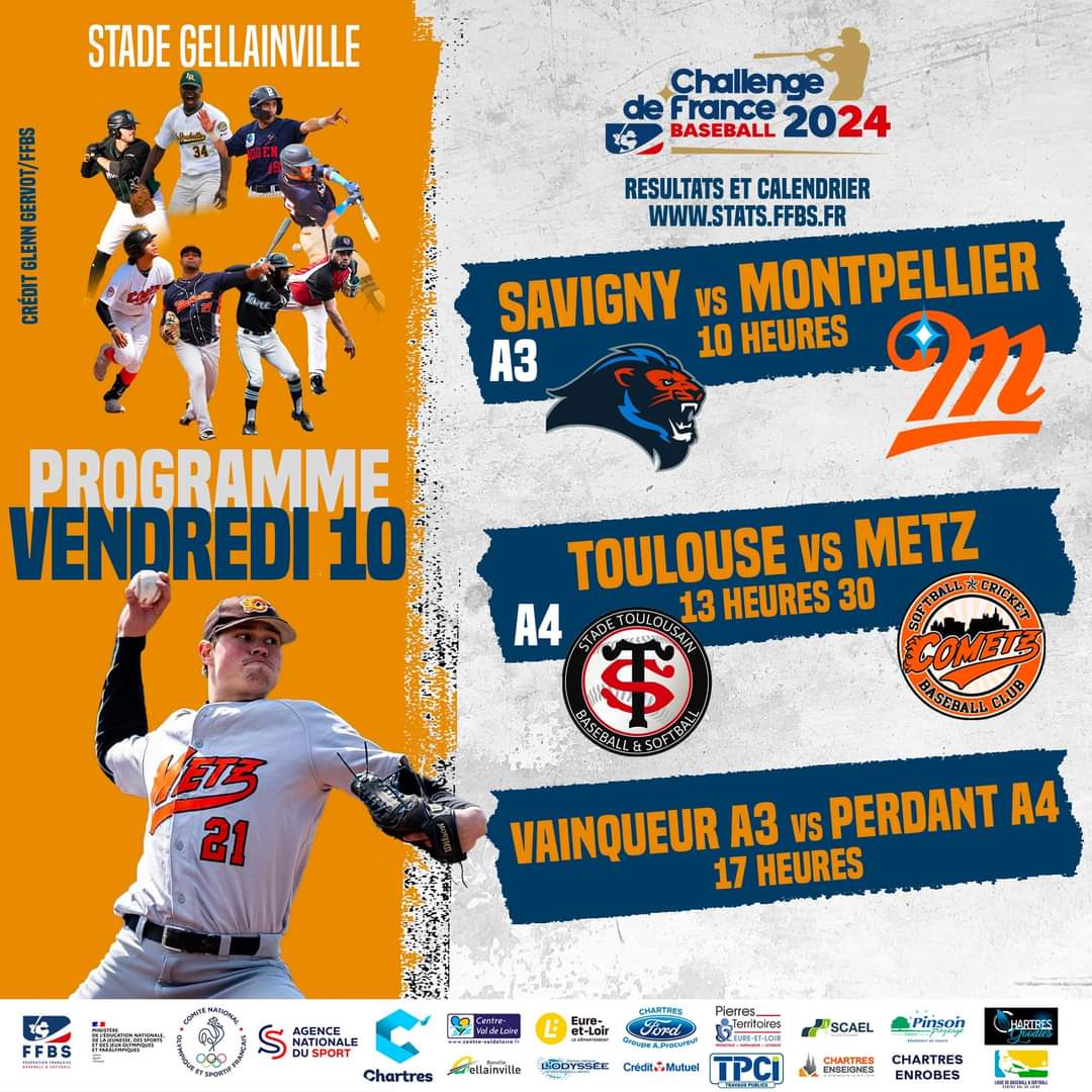 ‼️ Programme de la 2ème journée du Challenge de France de Baseball 2024, à Rouen et Chartres ‼️ ➡️ Retrouvez les résultats et le calendrier sur stats.ffbs.fr ⚾️ #Challenge #ChallengedeFrance #FFBS #Baseball #France
