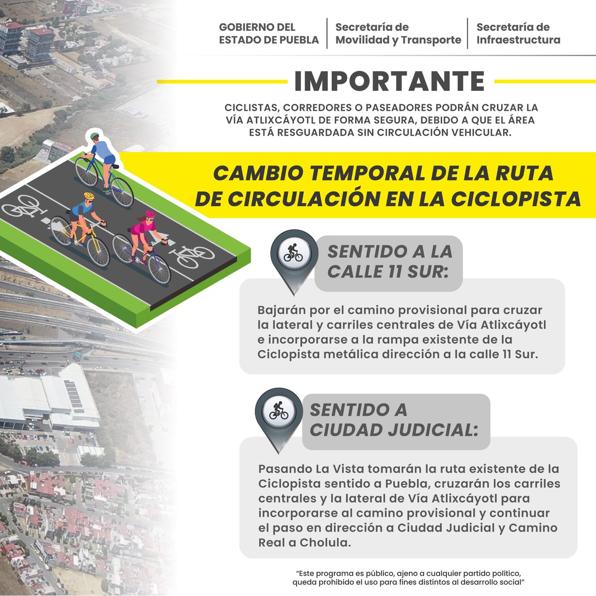 🚴🚴‍♂️ Si t gusta rodar por la Ciclopista de la Vía Atlixcáyotl, toma en cuenta el cambio temporal de la ruta de circulación. #Puebla