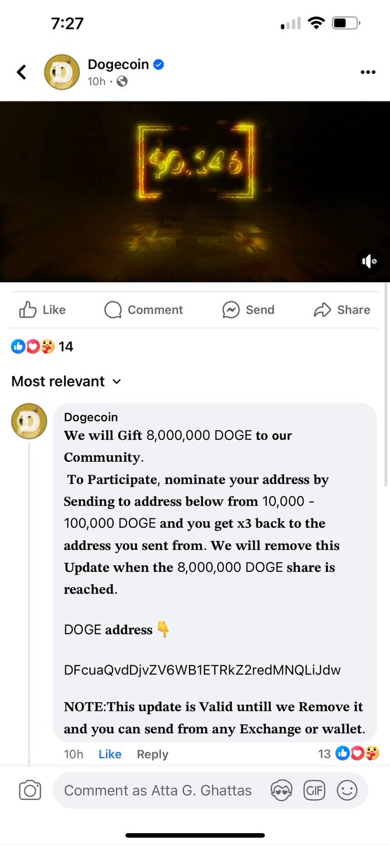 Beware @Meta users there is a fake @dogecoin account on @facebook which is replying to the verified account with a 'giveaway' scam. These types of schemes are always 100% a scam and you will lose any coins that you send to their address. Users should report this type of activity…