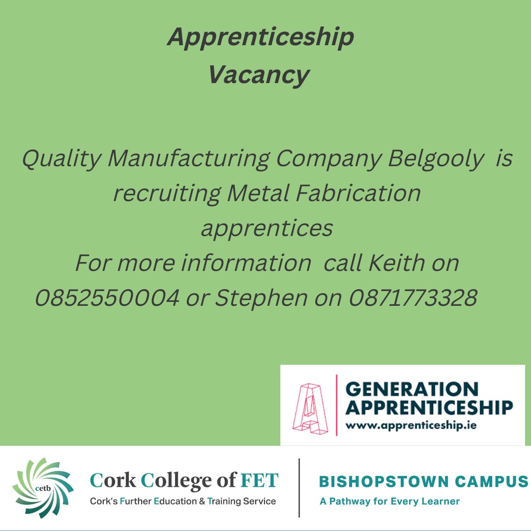 Apprenticeship job opportunity!

Quality Manufacturing Co. are recruiting #MetalFabrication Apprentices.
Great opportunity to kick start your #GenerationApprenticeship career

@apprenticesIrl  @corketb @SOLASFET @kinsalecomsch
#GenerationApprenticeship #JobFairy #CorkJobs