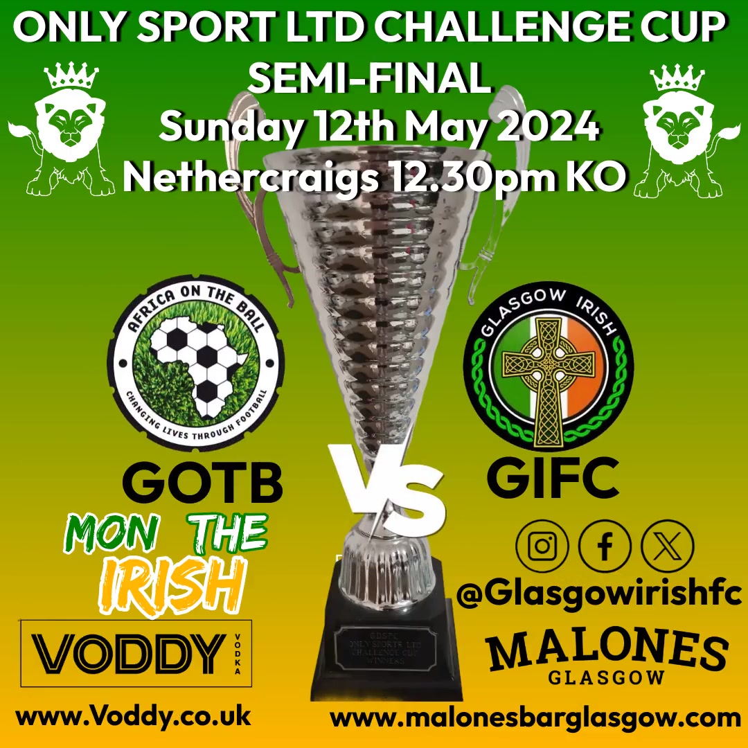 SEMI FINAL SUNDAY.

Should be a cracking game, so if you can come down and watch and support the Irish in their quest for another final.

🇮🇪🍀 MON THE IRISH 🍀🇮🇪

#montheirish
<a href="/Voddy/">Voddy</a>
<a href="/MalonesGlasgow/">Malones Glasgow</a> 
<a href="/TheIrishVoiceUK/">The Irish Voice</a>
