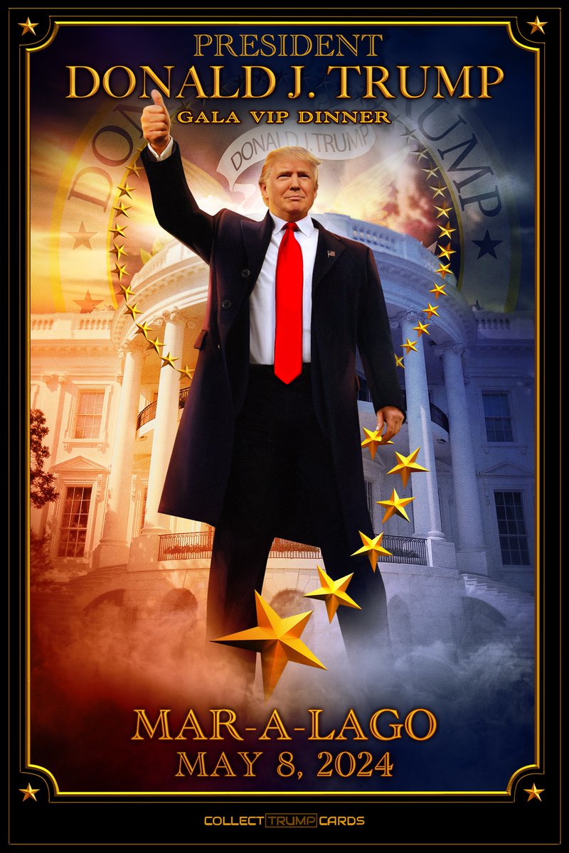 As promised, we sent this beautiful Trading Card (NFT) to eligible attendees of the Gala Dinner last night. Congratulations on a very a historical evening. Check your wallets! PRESIDENT DONALD J. TRUMP GALA VIP DINNER. MAR-A-LAGO. MAY 8, 2024.