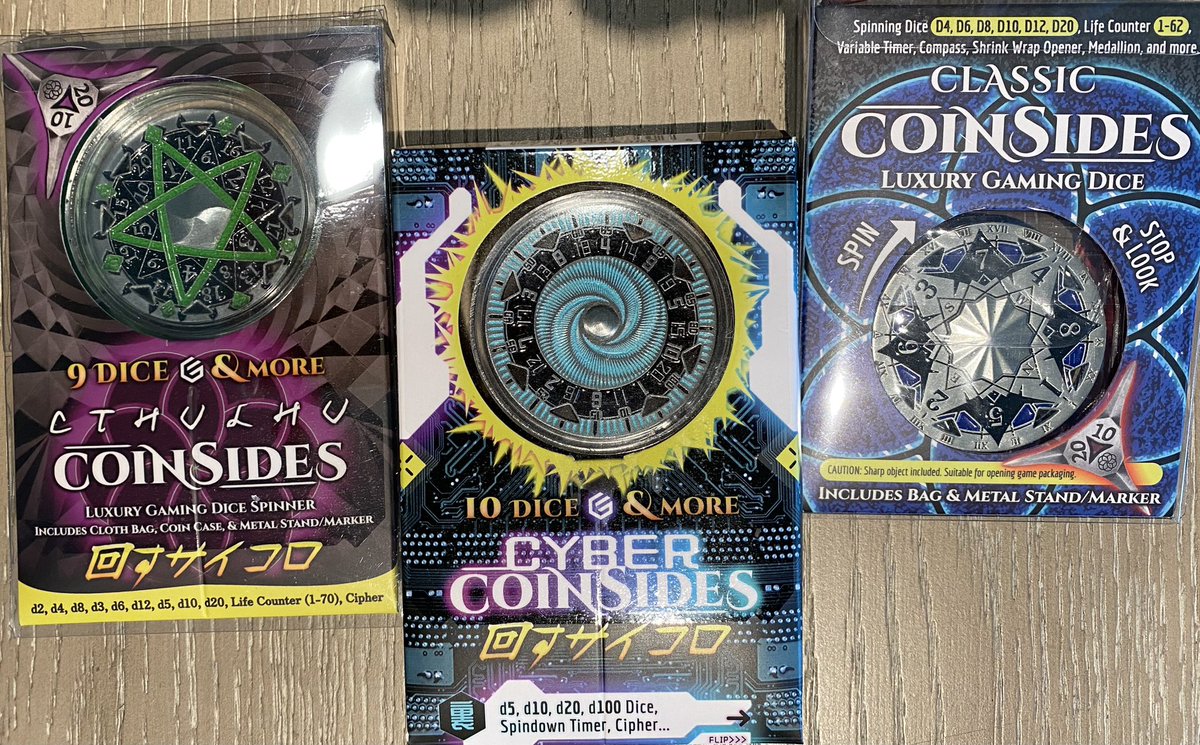 My set of CoinSides dice/oracle coins by @ex1stgames arrived this week. These are really cool! Beautiful craftsmanship and I love that each coin type has unique functions in addition to dice. Looking forward to using them with my gaming group.