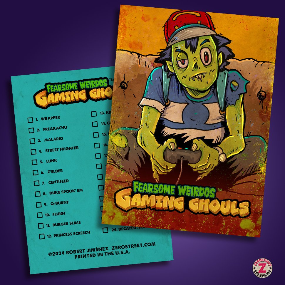 Here's a peek at the Gaming Ghouls wrapper card and checklist! More soon! #gamingmghouls #fearsomeweirdos #illustration #parody #Monster #gamers #videogames