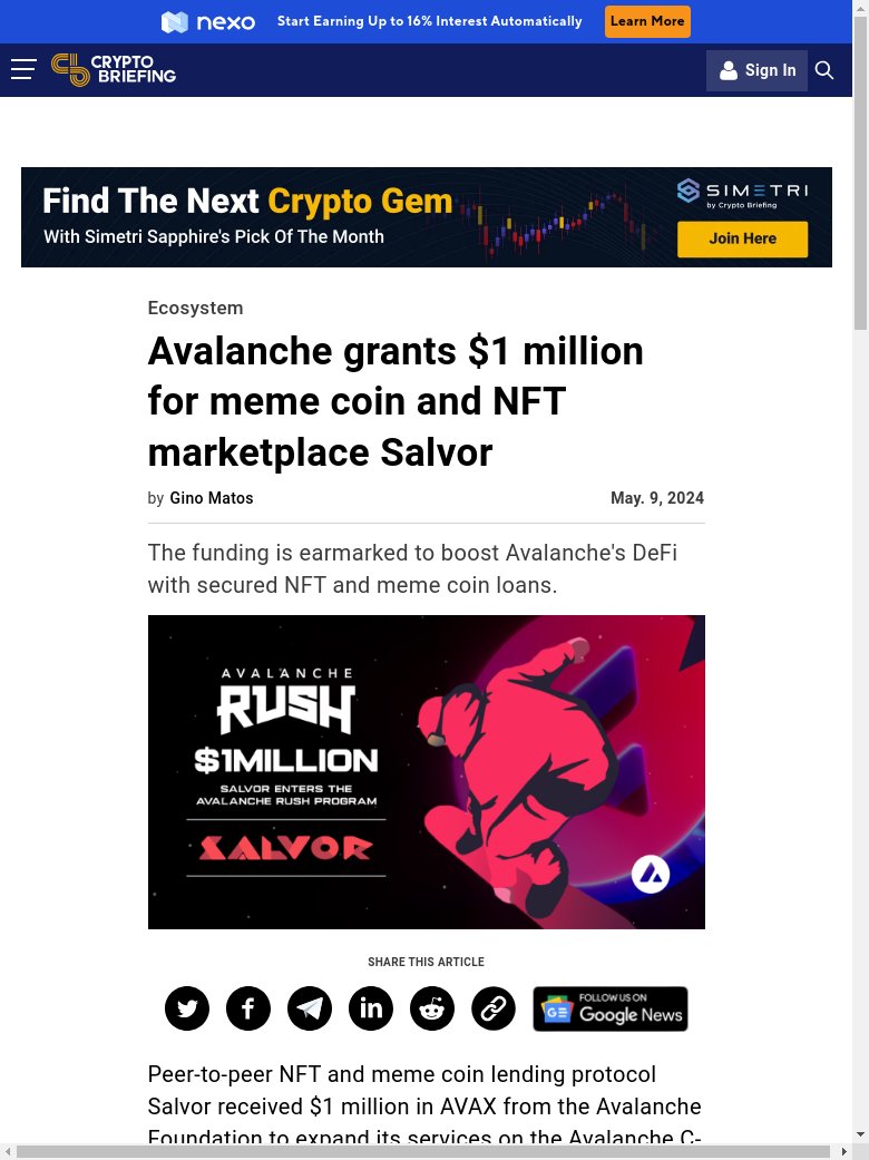BREAKING NEWS :  Avalanche grants $1 million for meme coin and NFT marketplace, impacting cryptocurrency market. cryptoeco.net/tw/6425.html  #Avalanche #meme #NFT