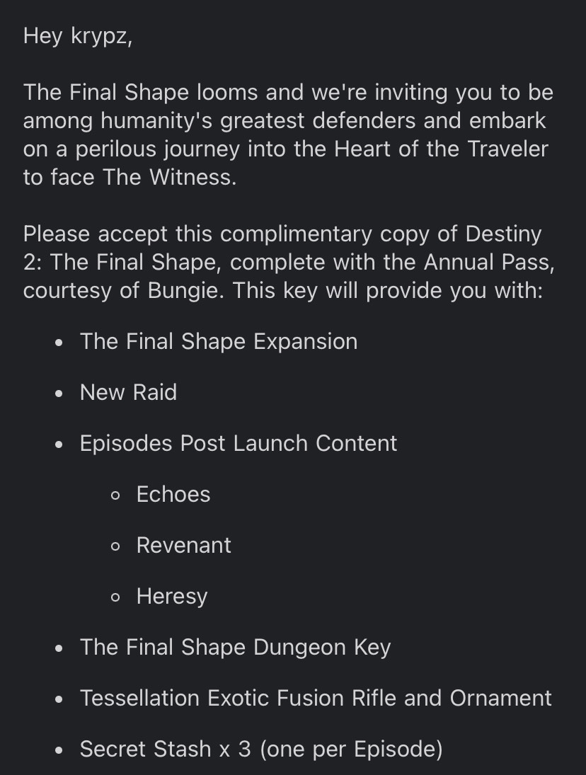 Thank you @DestinyTheGame @Bungie @gamesight for the Final Shape + Annual Pass! Can't wait for what's to come! Going to show off a lot of fashion with the new gear!😎#BungieCreator
