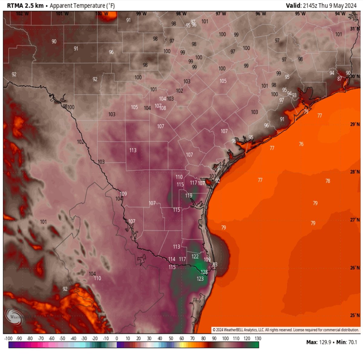 120-130°?!? If you think it's hot in Central Texas, it is other-worldly right now in south Texas where the heat index is near 130°. That is unfathomable heat #txwx