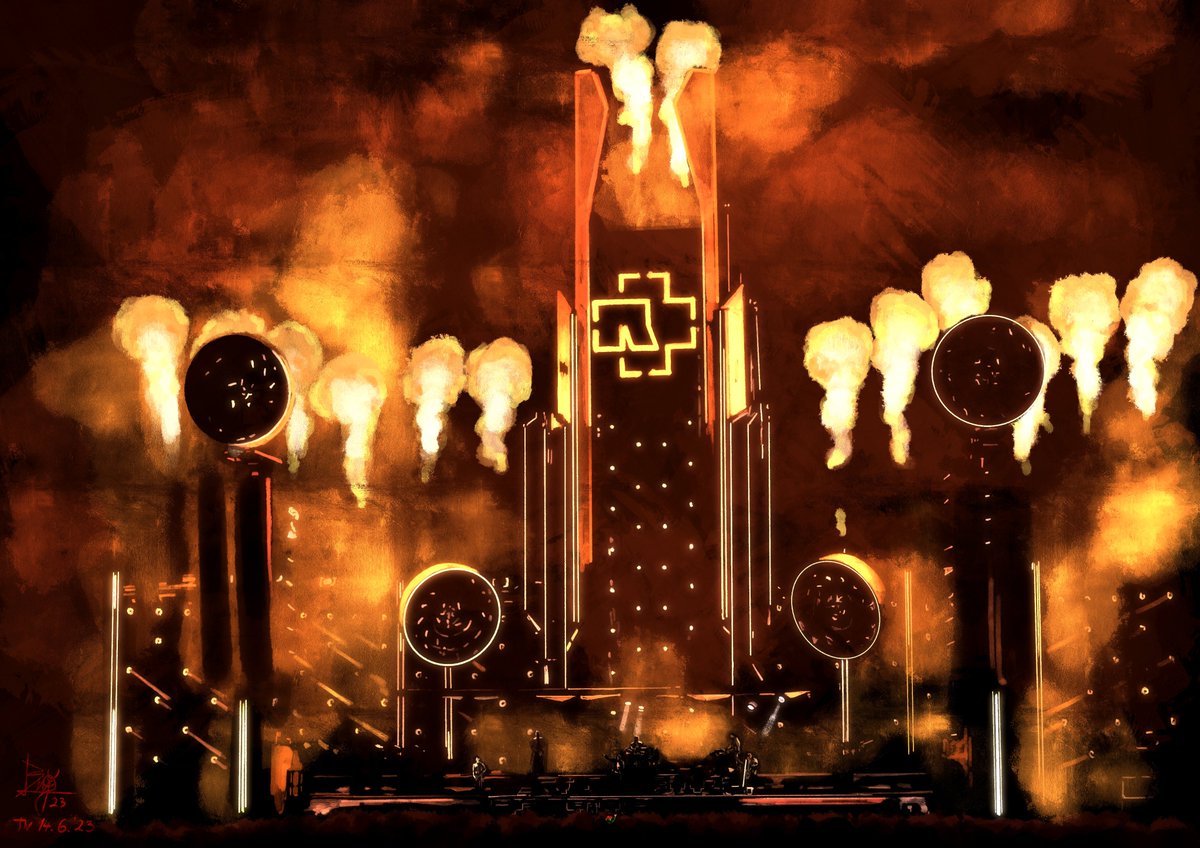 With the new leg of @RSprachrohr (Rammstein's) stadium tour starting in a few days in Prague, let's remember the show in Trencin with a pyro of Till (done with my old burner) and a digital painting of the stage. #Rammstein