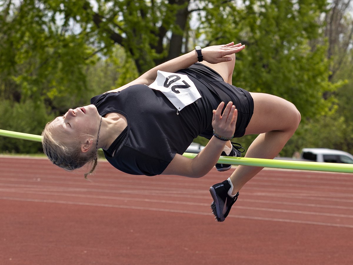 Darya Fedotova of Holy Trinity Catholic High School in Simcoe clears the bar in the junior women’s high jump event Thursday at the @BHNAthletics track & field championships in #Brantford. Photo gallery here: brantfordexpositor.ca/sports/high-sc… @TheExpositor @SimcoeReformer