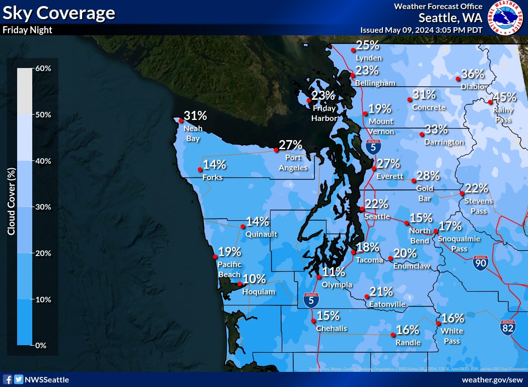 With the potential for an upcoming aurora, clouds should be limited across western Washington, with the exception of some high cloud coverage over the northern portions of the area. Stay tuned to @NWSSWPC for updates to the aurora forecast! #wawx 🌌