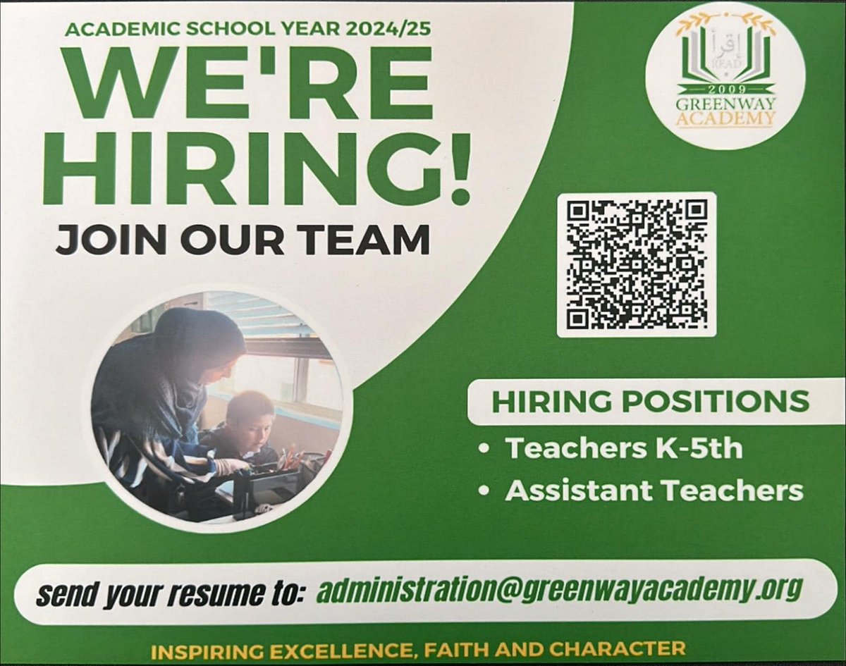 WorkHalal's tweet image. The full time Islamic school in North Phoenix, Greenway Academy is hiring teachers for the upcoming academic year.
facebook.com/photo?fbid=417…

greenwayacademy.org/about-greenway…