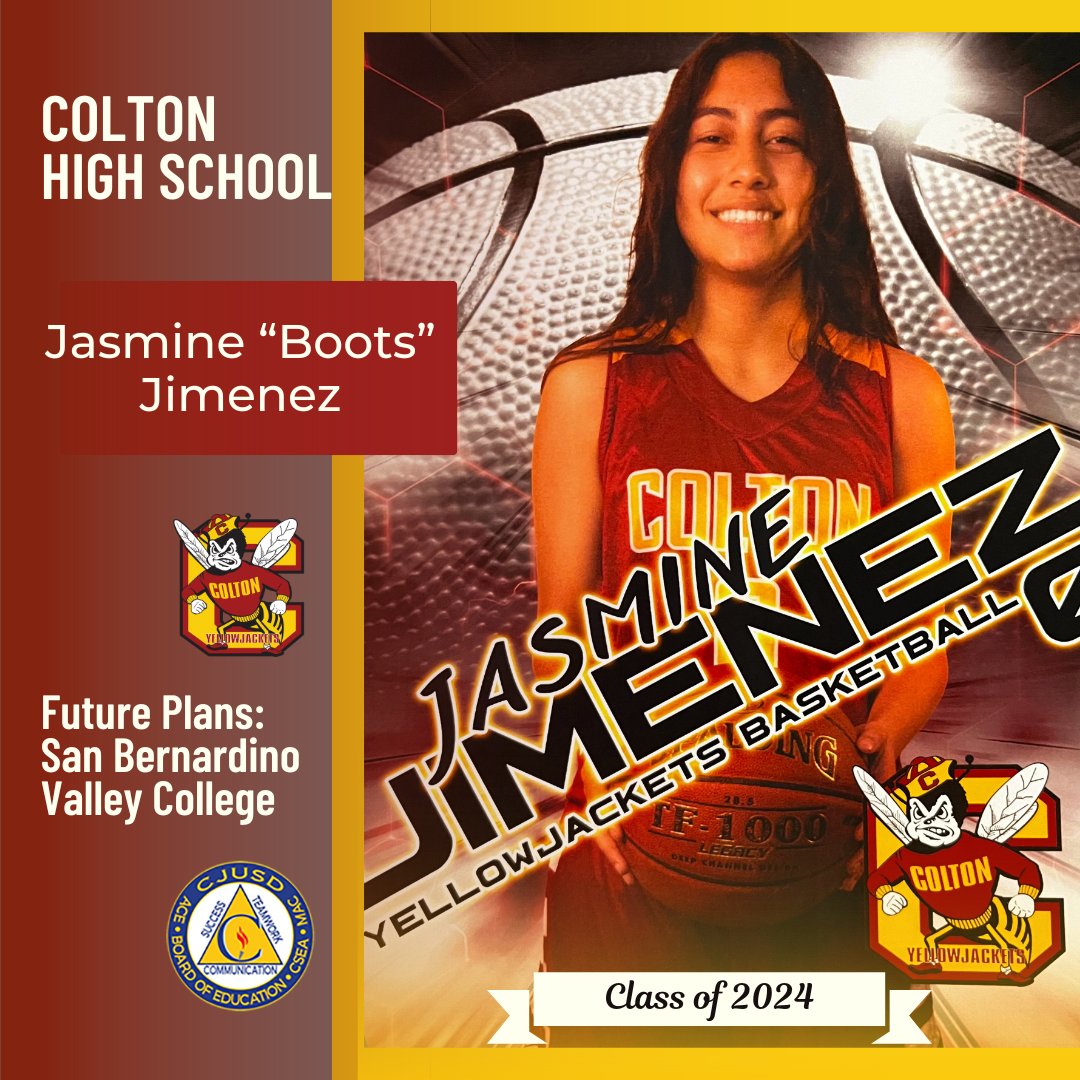Congrats to Colton High School 🎓senior Jasmine “Boots” Jimenez, who plans to attend San Bernardino Valley College! #CJUSDCares #CHS #Colton 🐝🎉 Seniors, to be featured in our social media #CJUSD Class of 2024 Spotlight, fill out the form at bit.ly/CJUSDsenior2024