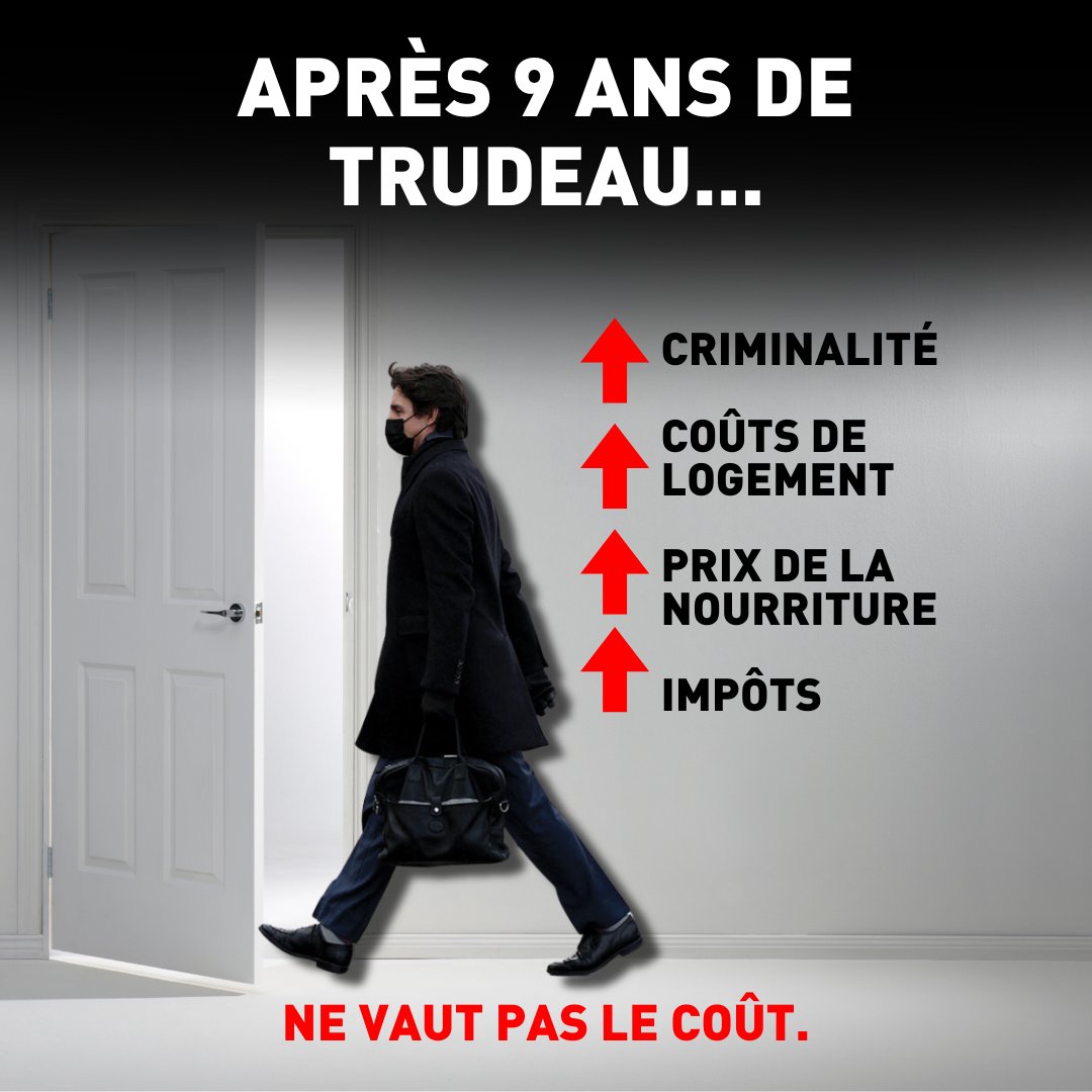 La nouvelle normalité suivant 9 années de Justin Trudeau: ⬆️ Criminalité ⬆️ Coûts du logement ⬆️ Prix de la nourriture ⬆️ Impôts Trudeau n’en vaut pas le coût. Signez si vous êtes d’accord: conservateur.ca/cpc/apres-neuf…