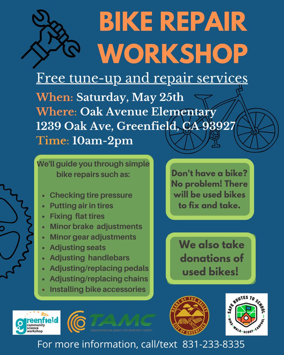 🌿 📢The Greenfield CSW will be hosting our fourth Bike Repair 🏥Workshop of the year on Saturday, May 25th (05/25/24) at Oak Avenue Elementary in Greenfield 🍃! Tune up your current bike 🚲 or come find your perfect ride! ⭐️ See you there! 🛠️🤟